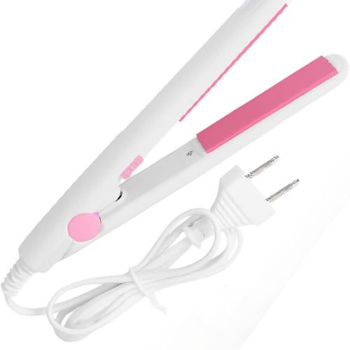 Mini straightener and curler with floating ceramic plate for bangs.