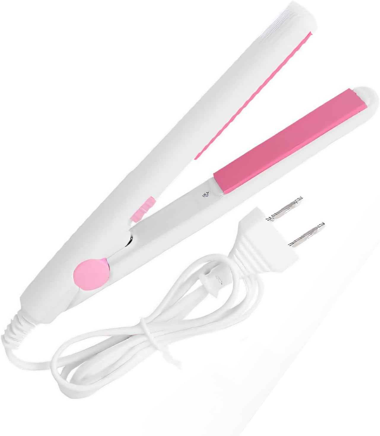 Mini straightener and curler with floating ceramic plate for bangs.