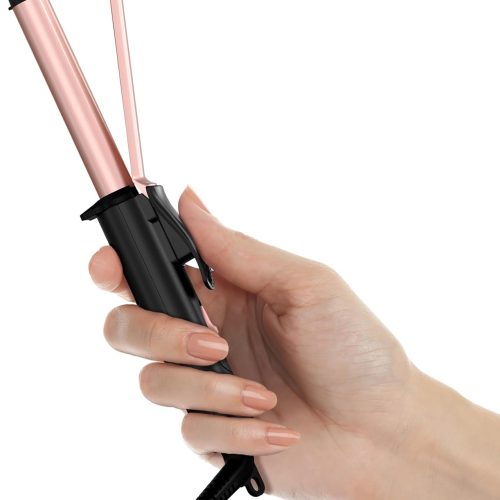 Travel curling iron with narrow ceramic barrel and preset temperature.