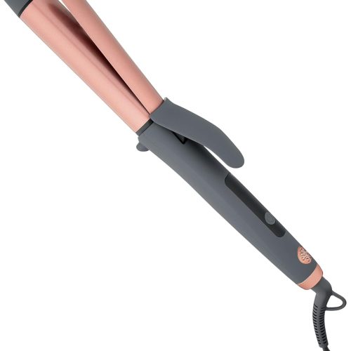 Ceramic tourmaline curling iron with digital heat control and frizz reduction.