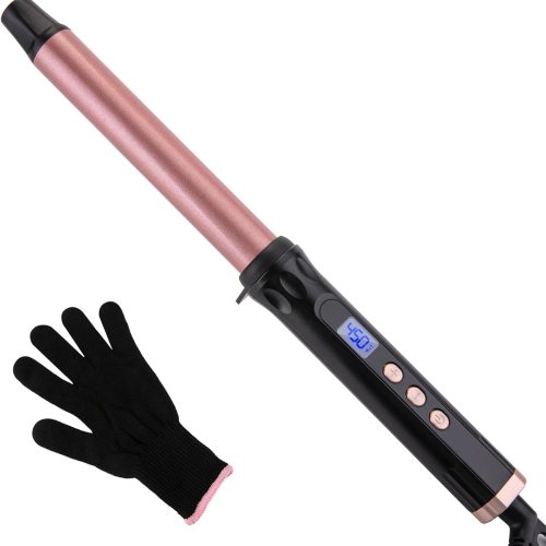 Clamp-free ceramic curling wand with LCD temperature display and travel voltage.