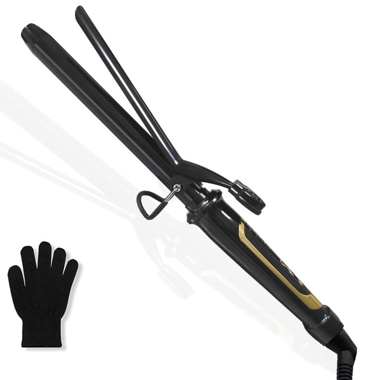 Extra-long barrel ceramic curling iron with adjustable heat and secure clamp.