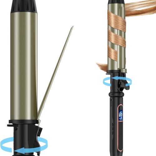 Ceramic rotating curling iron with adjustable heat and travel-ready dual voltage.