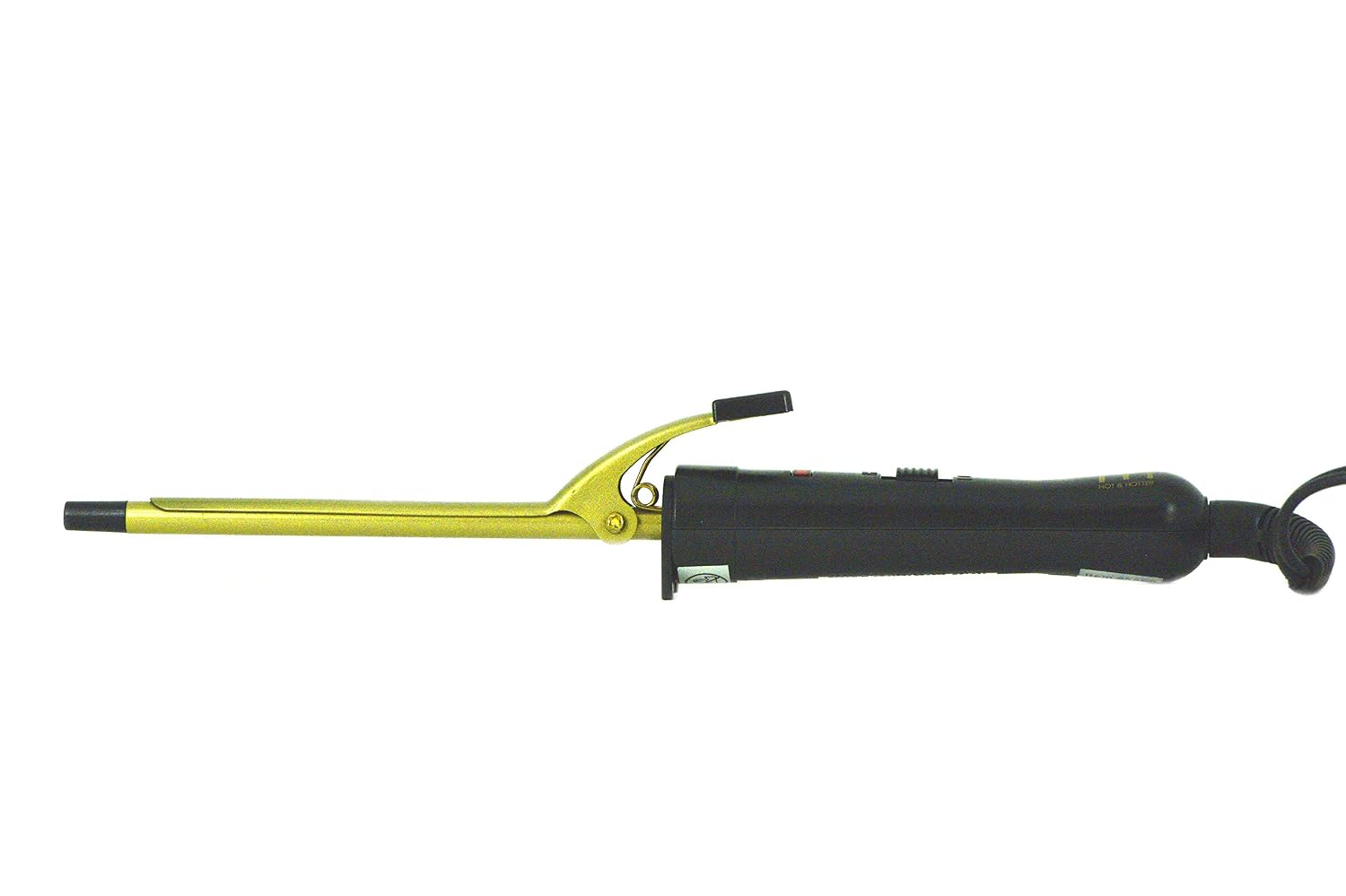 Compact curling iron with high heat and ergonomic handle.